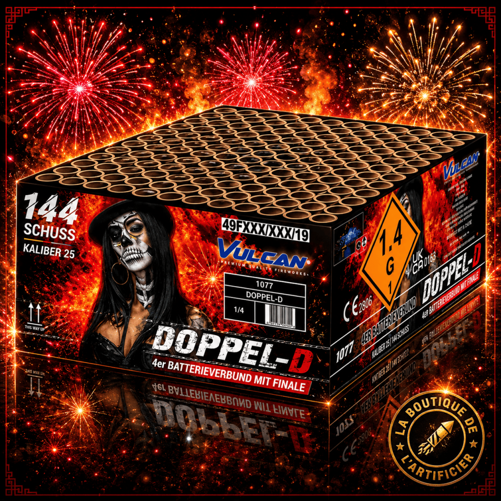 Compact Doppel-D 144 Coups F2 | Batterie Feu d'Artifice 25 mm