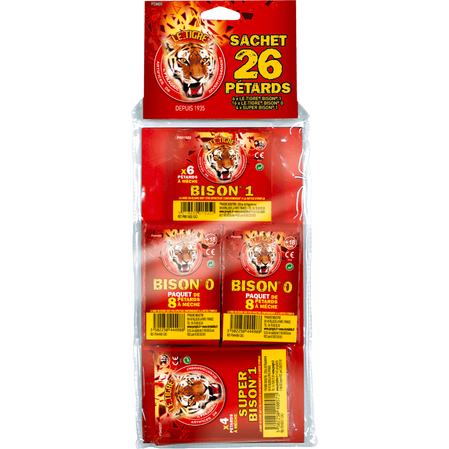 Sachet 26 Pétards Le Tigre Pyragric – Assortiment Bison (N°0 et N°1) F2 - La Boutique De L'artificier