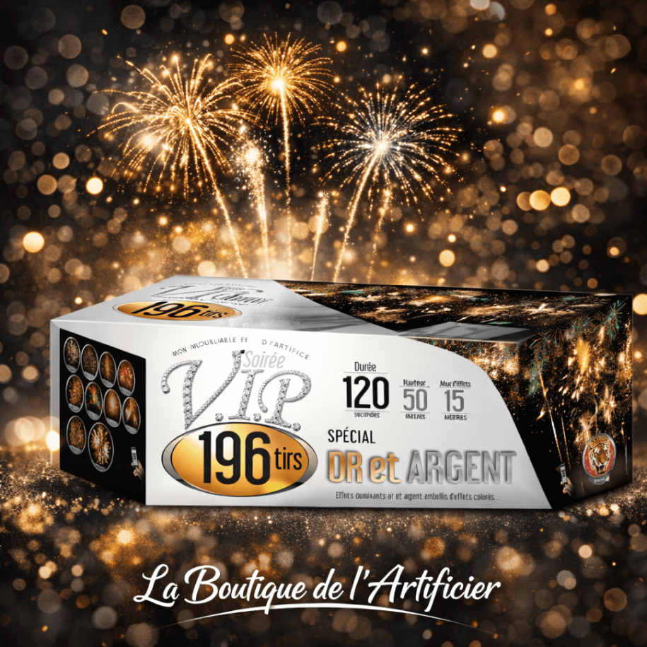 P166183 - Feu d’artifice automatique Soirée VIP 196 tirs – Or & Argent – Batterie chic F3