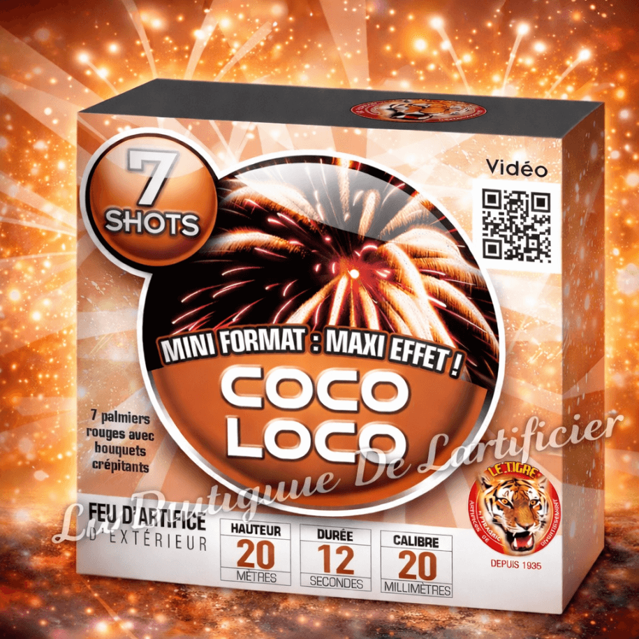 Compact COCO LOCO – 7 Shots Palmiers Rouges avec Final Crépitant - La Boutique De L'artificier